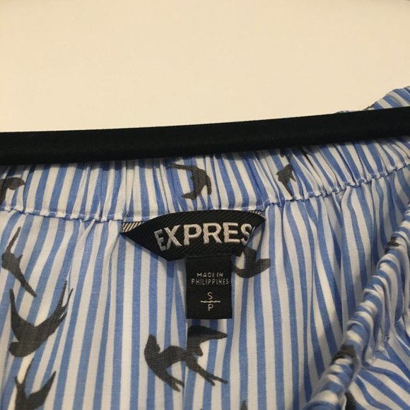 Express Women's Tie Front Off-Shoulder Blue Striped Bird Print Blouse, Sz SP - Picture 4 of 9